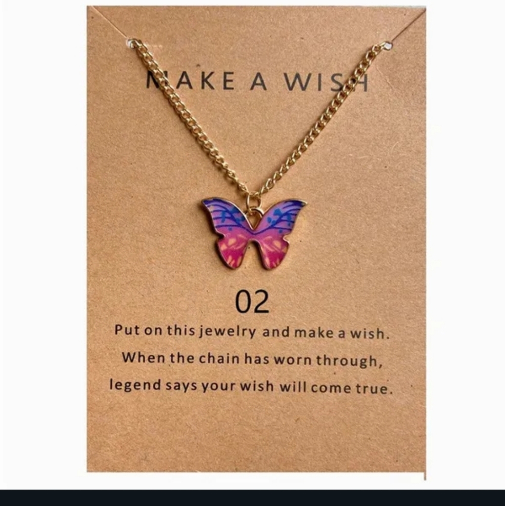 NWT Adorable Purple & Pink Gold Butterfly Make A Wish Necklace!!
